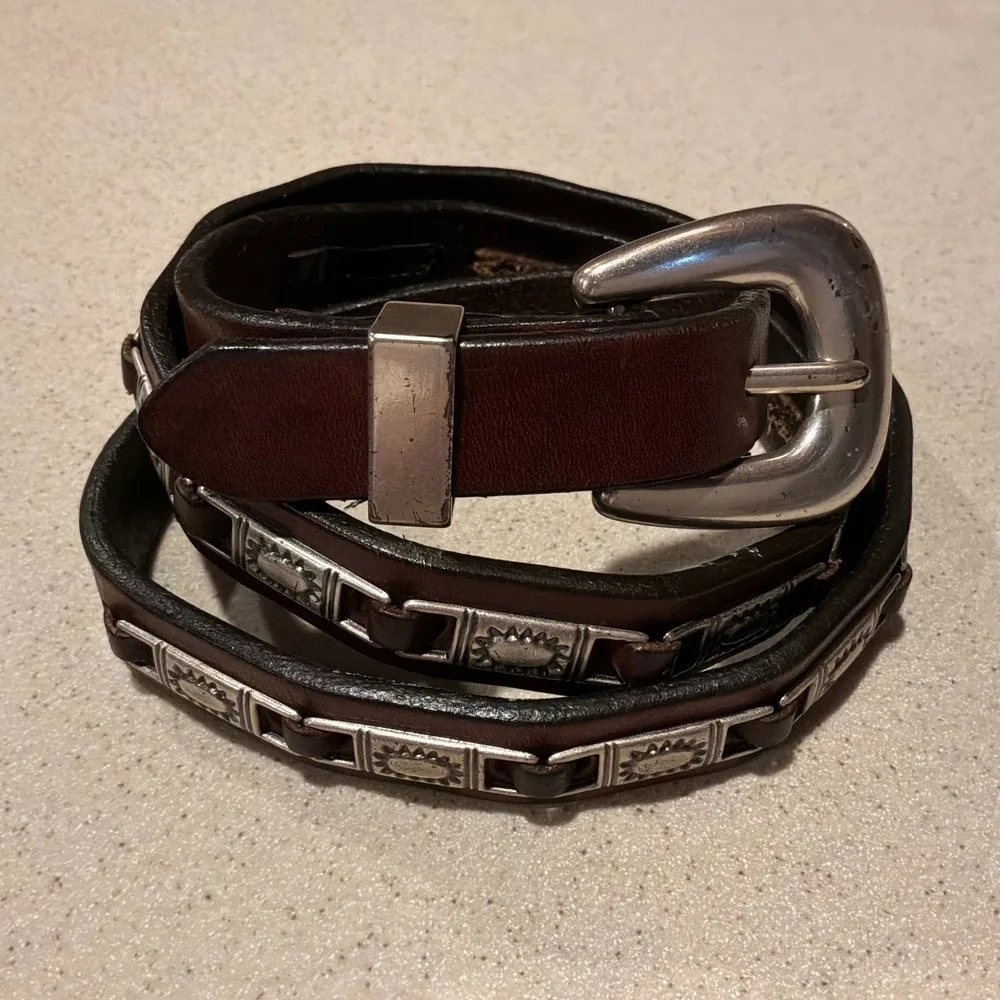 Fossil Womens Brown Leather Western Concho Belt Silver Sunburst Sz L Festival